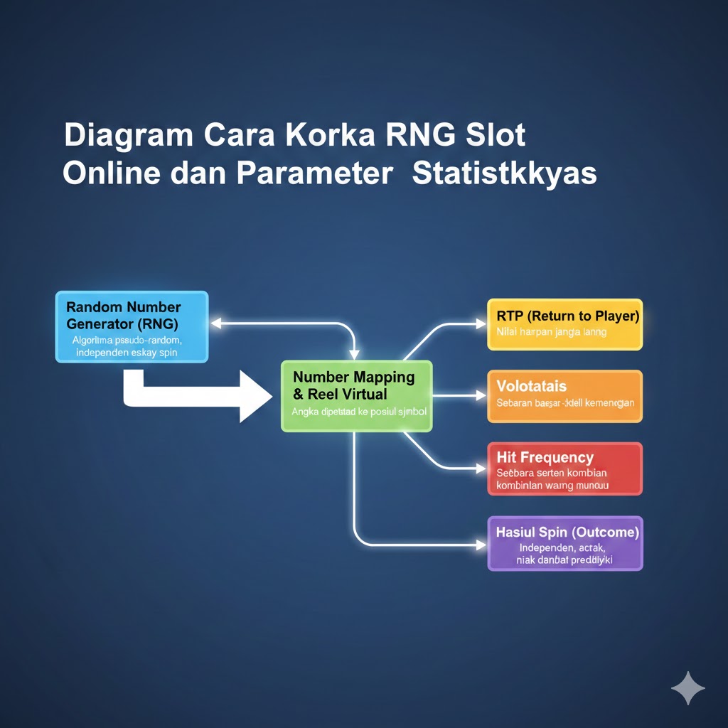 Diagram alur cara kerja RNG slot online, RTP, volatilitas, dan hit frequency