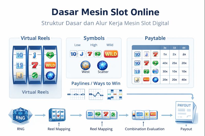 Diagram dasar mesin slot online yang menampilkan struktur reel virtual, simbol, paylines, paytable, dan alur proses spin dari RNG hingga pembayaran