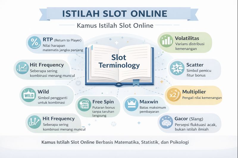 Infografik kamus istilah slot online seperti RTP, volatilitas, scatter, wild, free spin, maxwin, dan arti gacor