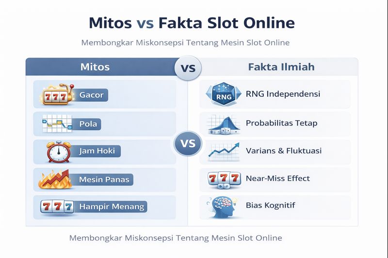 Infografik perbandingan mitos dan fakta slot online yang menjelaskan konsep gacor, pola, jam hoki, near miss, serta klarifikasi ilmiah berdasarkan RNG, probabilitas, dan bias kognitif