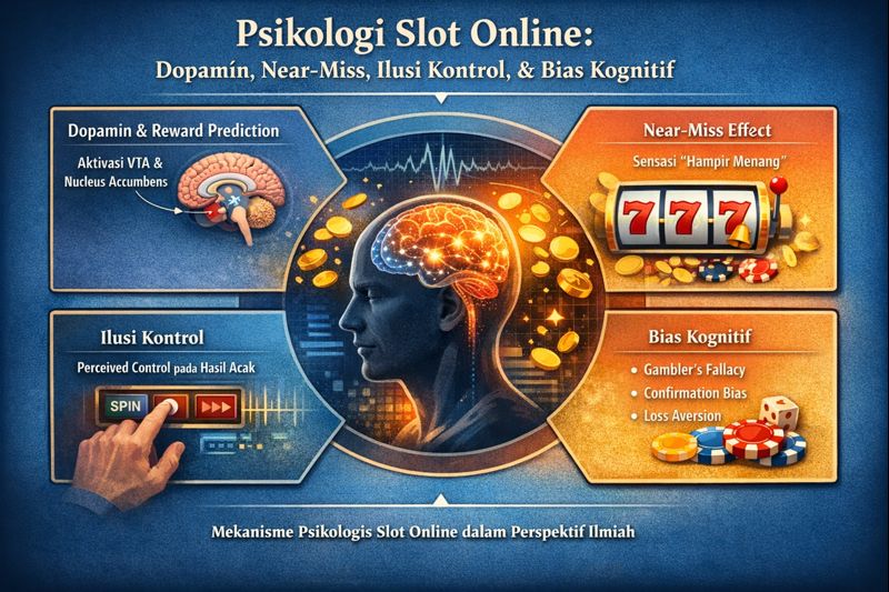 Infografik psikologi slot online tentang dopamin, near-miss, ilusi kontrol, dan bias kognitif