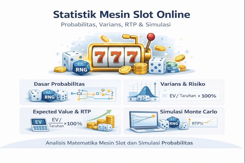 Infografik statistik mesin slot online yang menjelaskan probabilitas, RTP, varians, expected value, dan simulasi Monte Carlo berbasis RNG