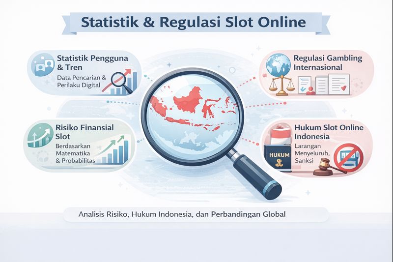 Infografik statistik dan regulasi slot online di Indonesia, mencakup risiko finansial, tren pengguna, dan perbandingan hukum internasional