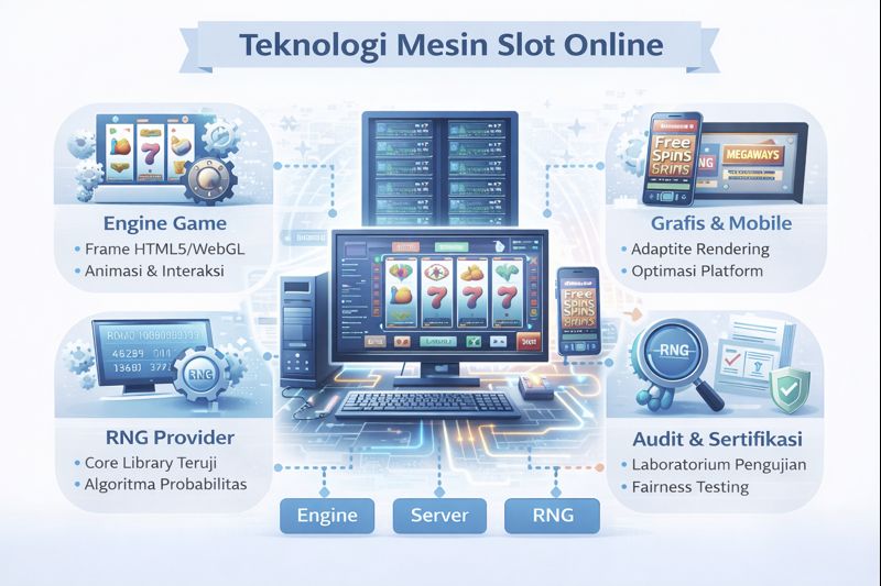 Infografik teknologi mesin slot online yang menjelaskan engine game, sistem RNG, arsitektur server, grafis mobile, dan proses audit sertifikasi